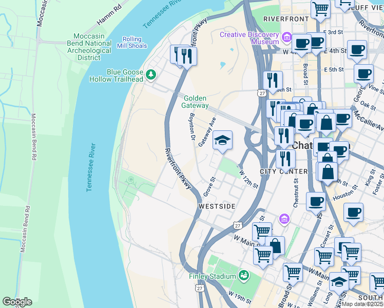 map of restaurants, bars, coffee shops, grocery stores, and more near 1201 Boynton Drive in Chattanooga