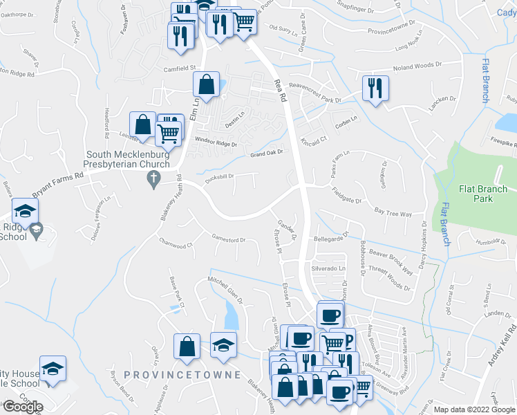 map of restaurants, bars, coffee shops, grocery stores, and more near 11937 Parks Farm Lane in Charlotte