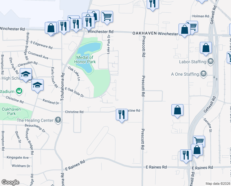 map of restaurants, bars, coffee shops, grocery stores, and more near 3483 Trinity Park Drive in Memphis