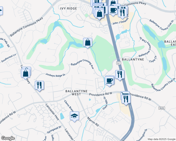 map of restaurants, bars, coffee shops, grocery stores, and more near 14713 Brick Church Court in Charlotte