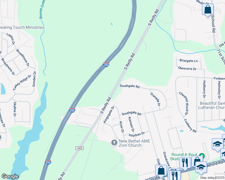 map of restaurants, bars, coffee shops, grocery stores, and more near 1400 South Reilly Road in Fayetteville