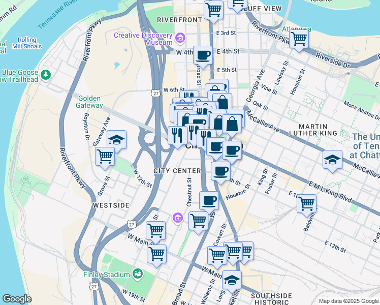 map of restaurants, bars, coffee shops, grocery stores, and more near 827 Broad Street in Chattanooga