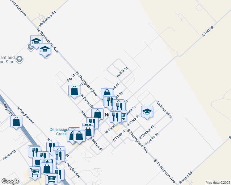 map of restaurants, bars, coffee shops, grocery stores, and more near 150 East Chestnut Street in Nipomo