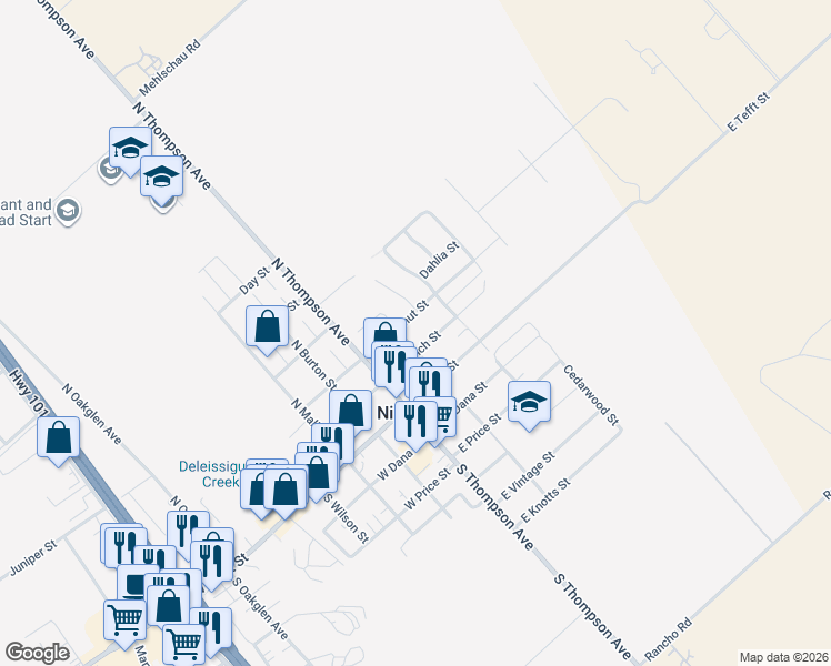 map of restaurants, bars, coffee shops, grocery stores, and more near 172 East Chestnut Street in Nipomo