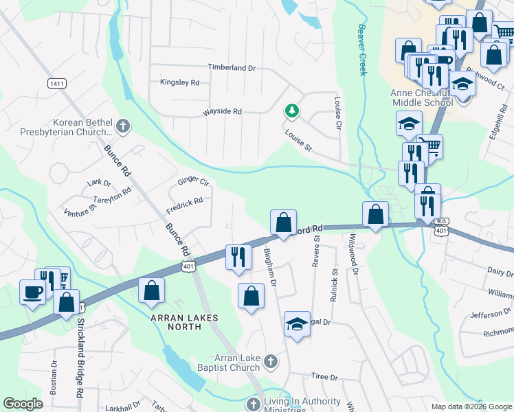 map of restaurants, bars, coffee shops, grocery stores, and more near 6304 Raeford Road in Fayetteville