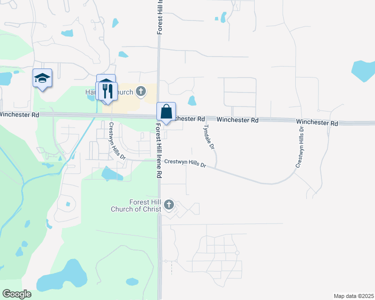 map of restaurants, bars, coffee shops, grocery stores, and more near 9180 Crestwyn Hills Drive in Memphis