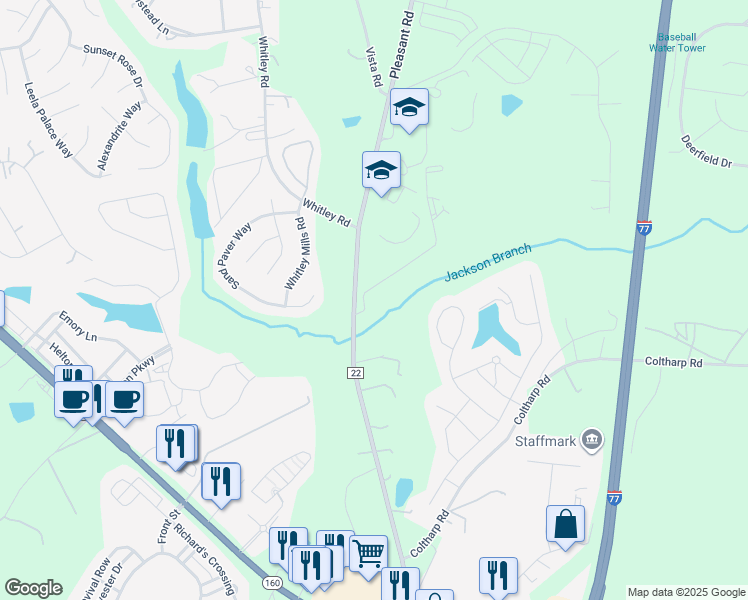 map of restaurants, bars, coffee shops, grocery stores, and more near 2047 Pleasant Road in Fort Mill