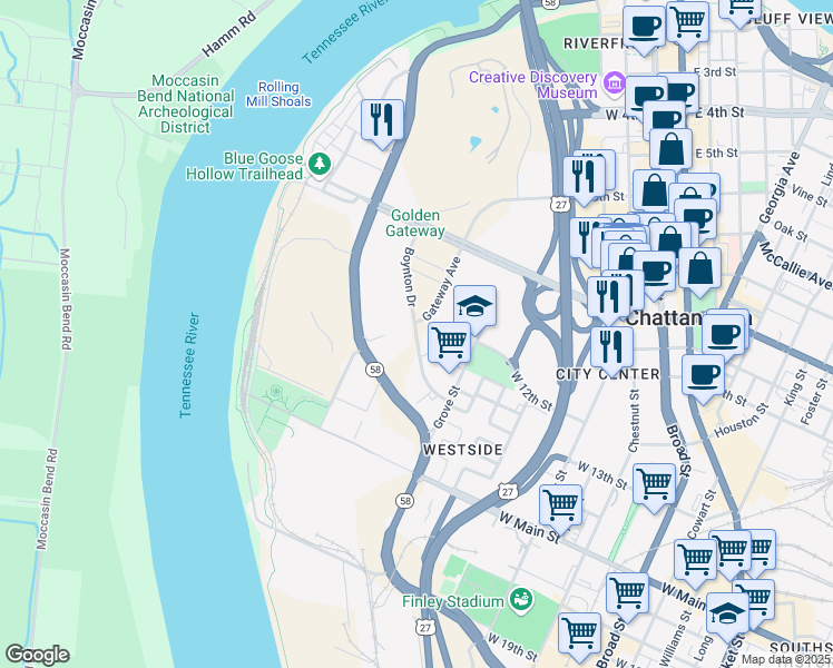 map of restaurants, bars, coffee shops, grocery stores, and more near 1205 Boynton Drive in Chattanooga