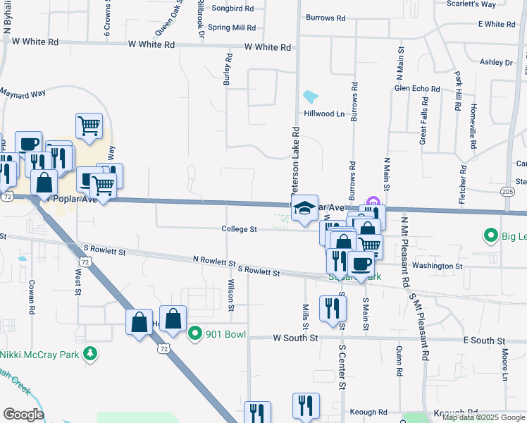 map of restaurants, bars, coffee shops, grocery stores, and more near 245 West Poplar Avenue in Collierville