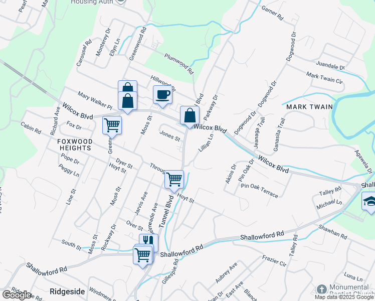 map of restaurants, bars, coffee shops, grocery stores, and more near 1418 Tunnel Boulevard in Chattanooga
