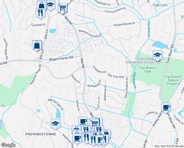 map of restaurants, bars, coffee shops, grocery stores, and more near 12128 Parks Farm Lane in Charlotte