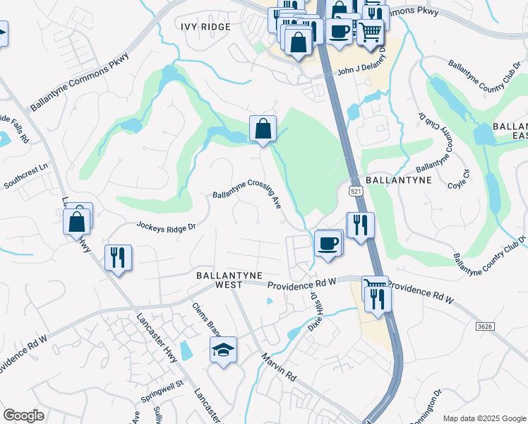 map of restaurants, bars, coffee shops, grocery stores, and more near 14713 Brick Church Court in Charlotte
