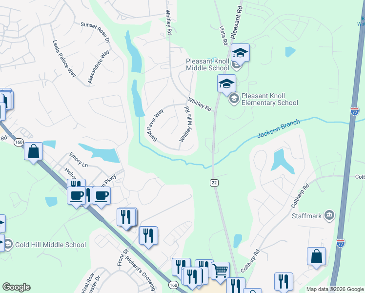 map of restaurants, bars, coffee shops, grocery stores, and more near 178 Whitley Mills Road in Fort Mill