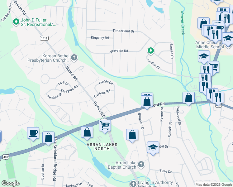 map of restaurants, bars, coffee shops, grocery stores, and more near 6404 Ginger Circle in Fayetteville