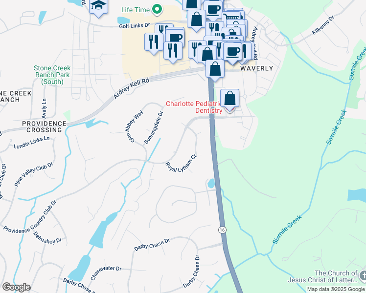 map of restaurants, bars, coffee shops, grocery stores, and more near 5325 Providence Country Club Drive in Charlotte