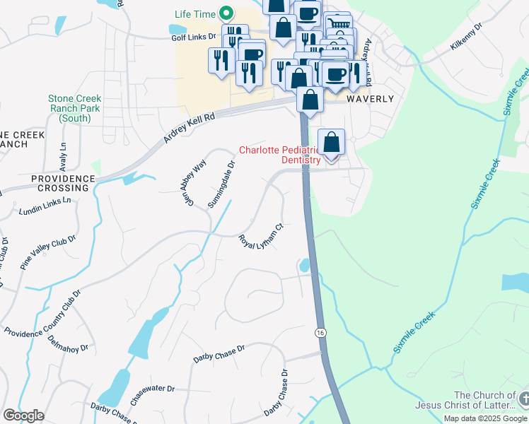 map of restaurants, bars, coffee shops, grocery stores, and more near 5325 Providence Country Club Drive in Charlotte