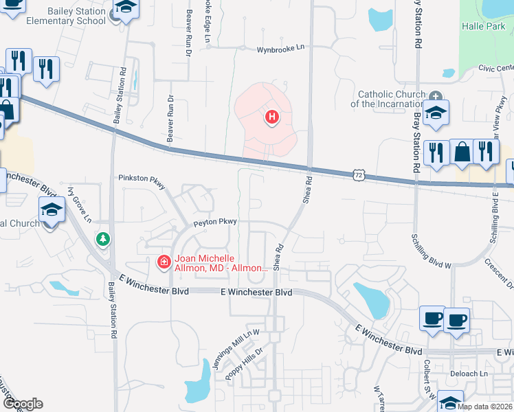 map of restaurants, bars, coffee shops, grocery stores, and more near 1501 Castle Pines Circle in Collierville