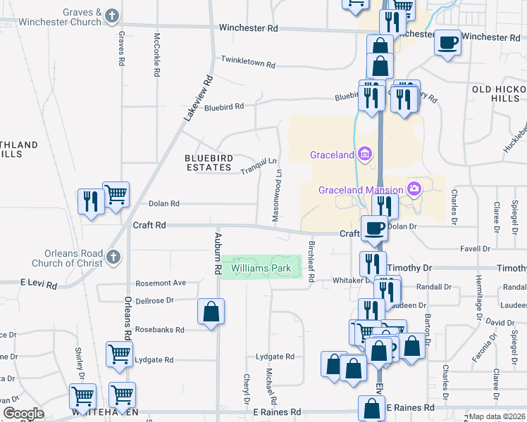 map of restaurants, bars, coffee shops, grocery stores, and more near 3759 Masonwood Lane in Memphis