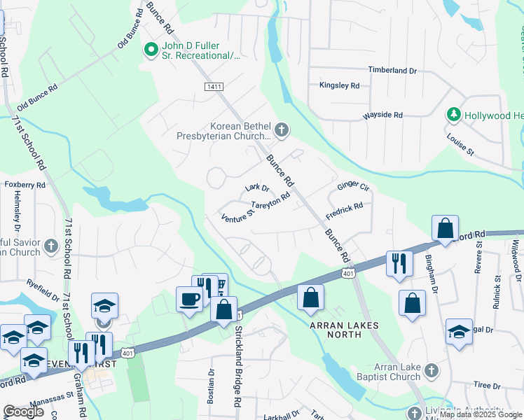 map of restaurants, bars, coffee shops, grocery stores, and more near 6517 Tareyton Road in Fayetteville