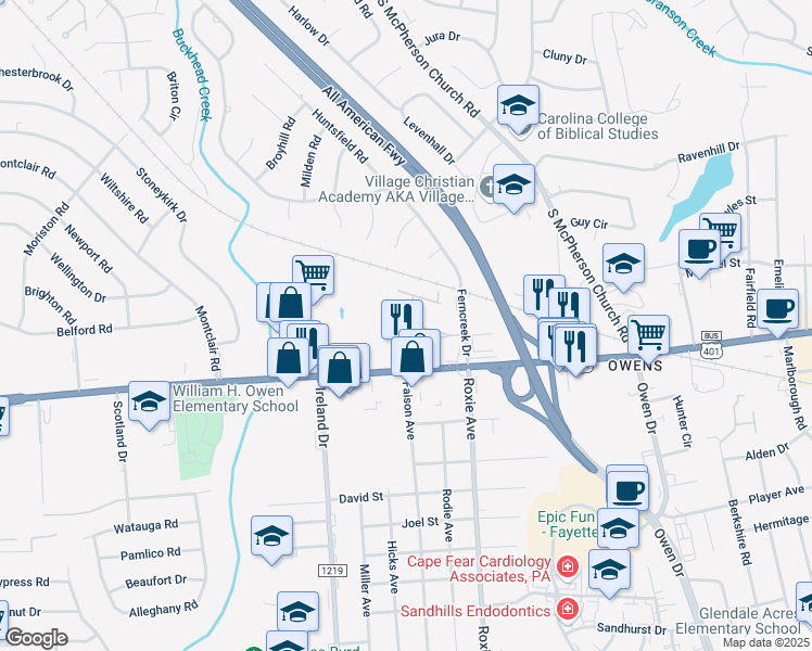 map of restaurants, bars, coffee shops, grocery stores, and more near 1851 Jennifer Lane in Fayetteville