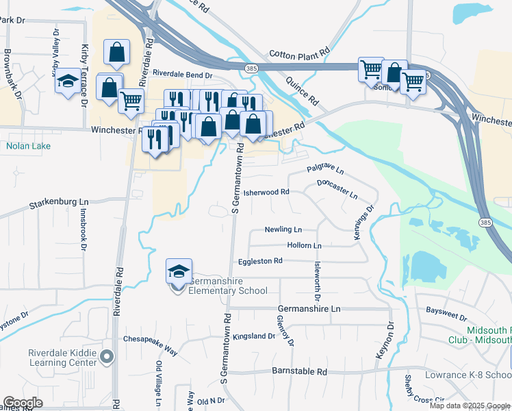 map of restaurants, bars, coffee shops, grocery stores, and more near 3796 Eddington Cove in Memphis