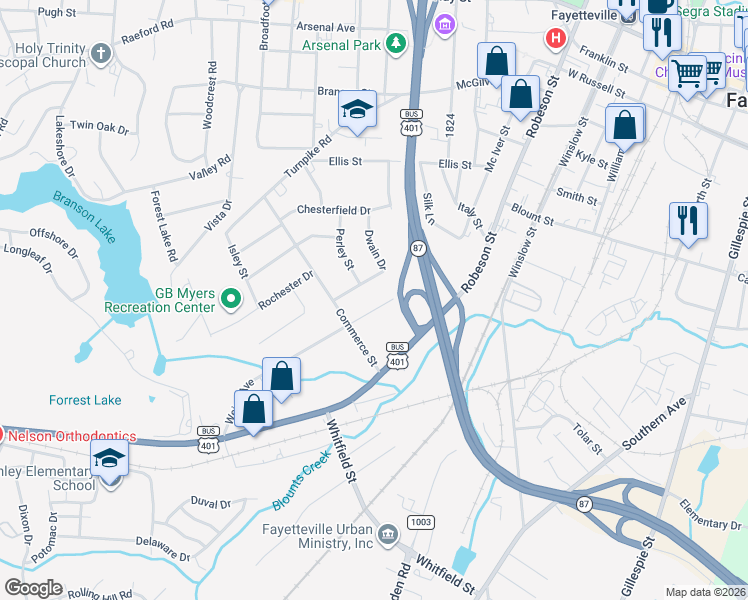 map of restaurants, bars, coffee shops, grocery stores, and more near 823 Dwain Drive in Fayetteville