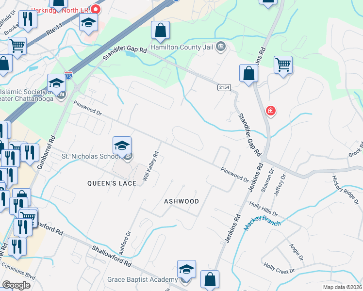 map of restaurants, bars, coffee shops, grocery stores, and more near 2552 Butlers Green Circle in Chattanooga