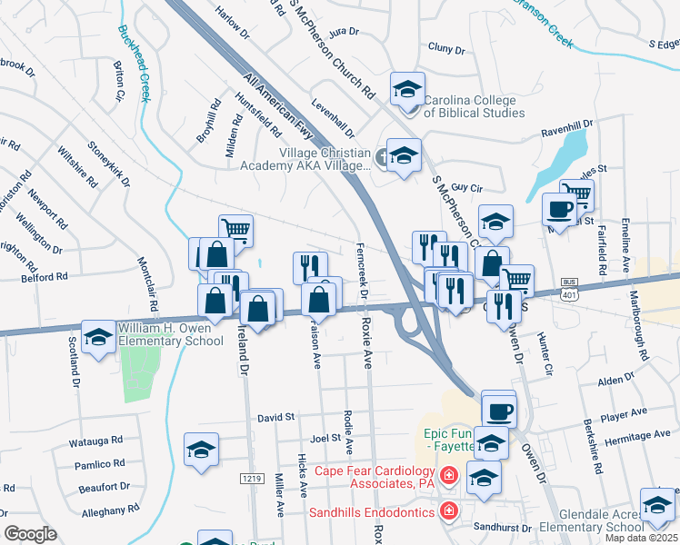 map of restaurants, bars, coffee shops, grocery stores, and more near 821 Astron Lane in Fayetteville