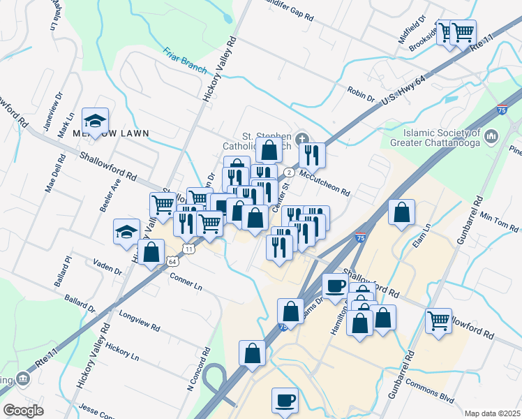 map of restaurants, bars, coffee shops, grocery stores, and more near 7010 Lee Highway in Chattanooga