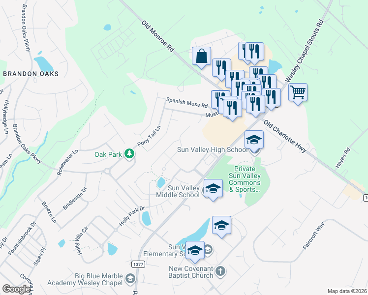 map of restaurants, bars, coffee shops, grocery stores, and more near 2010 Council Fire Circle in Indian Trail