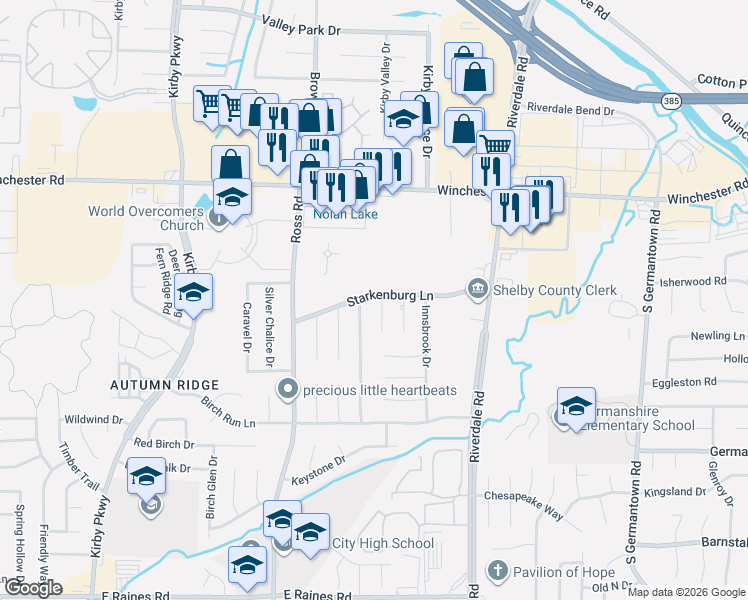 map of restaurants, bars, coffee shops, grocery stores, and more near 6840 Starkenburg Lane in Memphis
