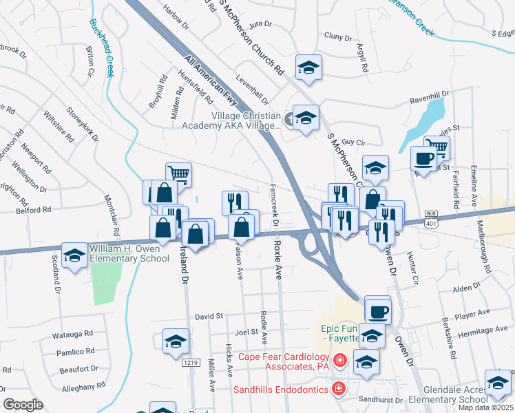 map of restaurants, bars, coffee shops, grocery stores, and more near 821 Astron Lane in Fayetteville