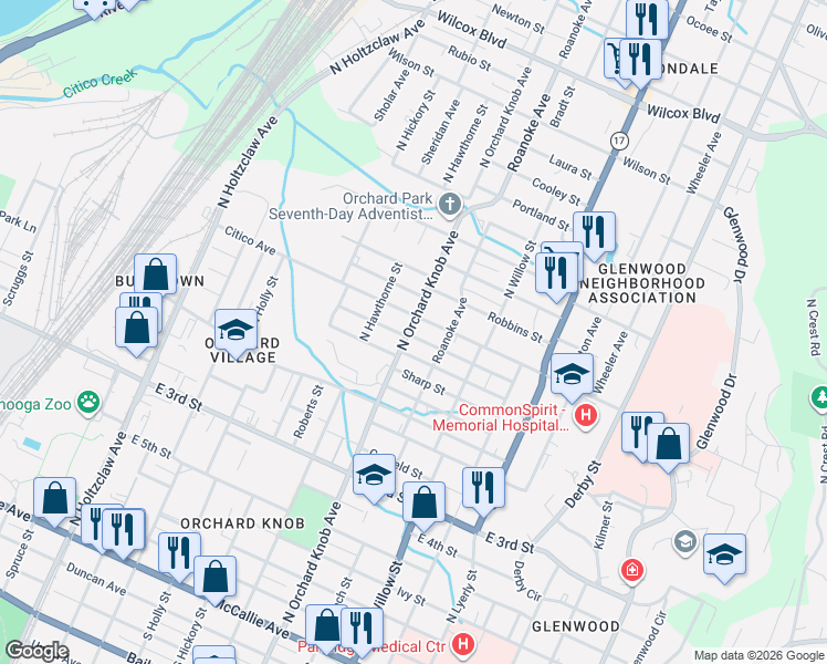 map of restaurants, bars, coffee shops, grocery stores, and more near 1903 Citico Avenue in Chattanooga