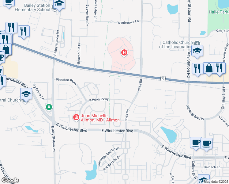 map of restaurants, bars, coffee shops, grocery stores, and more near 61 Peyton Ridge Drive in Collierville