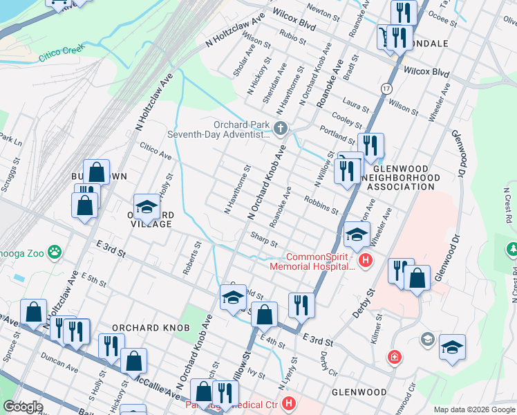 map of restaurants, bars, coffee shops, grocery stores, and more near 1903 Citico Avenue in Chattanooga