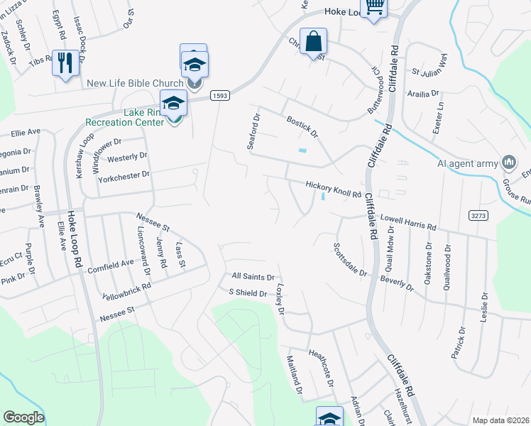 map of restaurants, bars, coffee shops, grocery stores, and more near 5605 Pleasant Run Road in Fayetteville