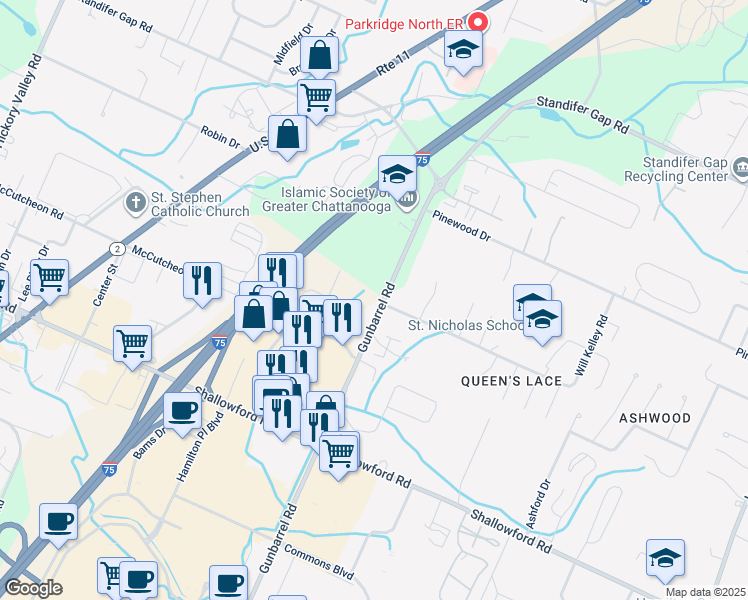 map of restaurants, bars, coffee shops, grocery stores, and more near 2501 Gunbarrel Road in Chattanooga