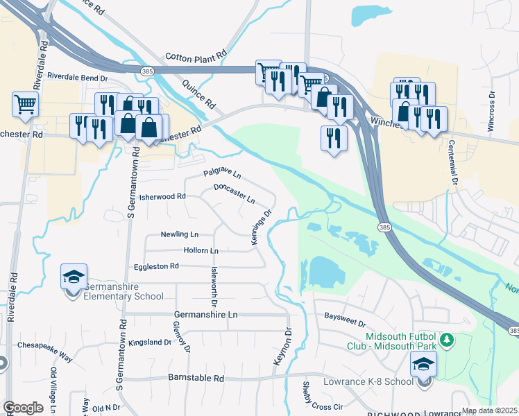 map of restaurants, bars, coffee shops, grocery stores, and more near 7433 Doncaster Lane in Memphis