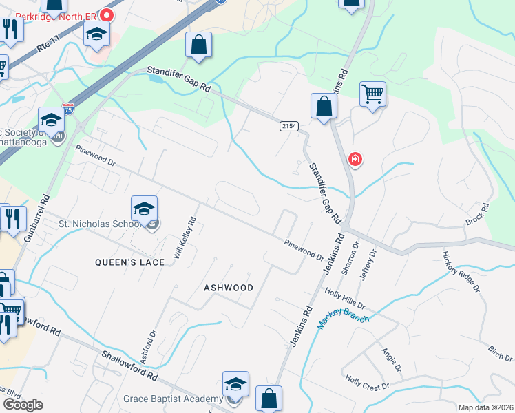 map of restaurants, bars, coffee shops, grocery stores, and more near 7531 Pinewood Drive in Chattanooga