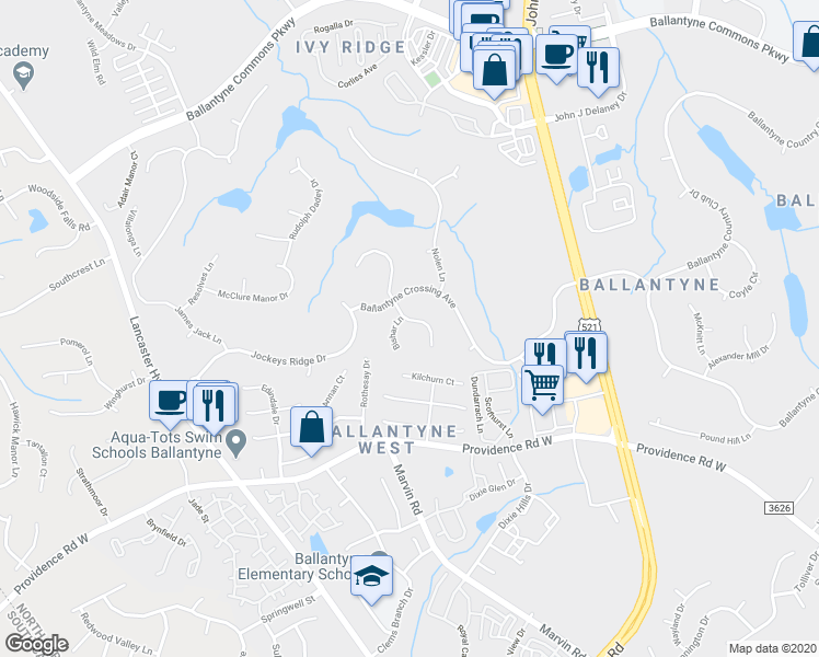 map of restaurants, bars, coffee shops, grocery stores, and more near 14620 Brick Church Court in Charlotte