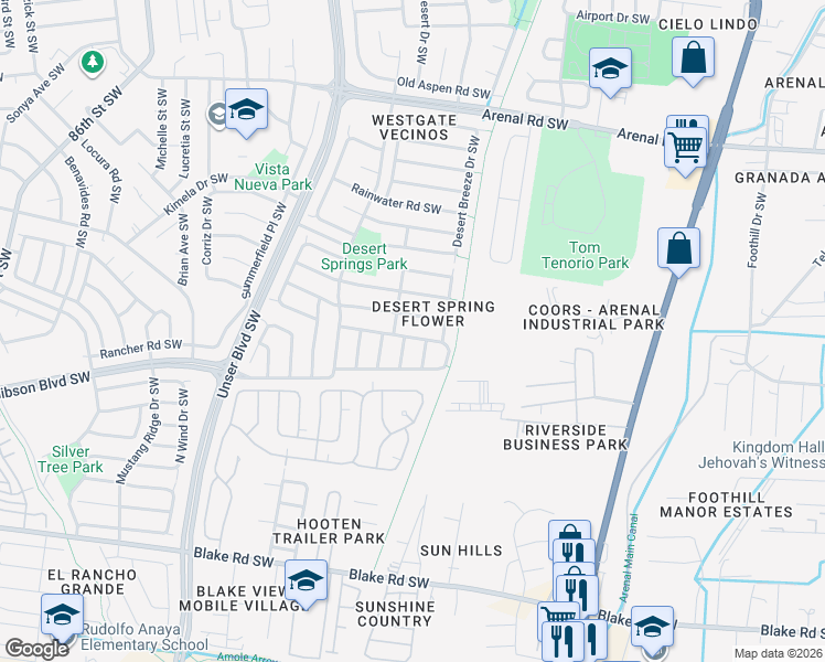 map of restaurants, bars, coffee shops, grocery stores, and more near 7501 Purple Fringe Road Southwest in Albuquerque