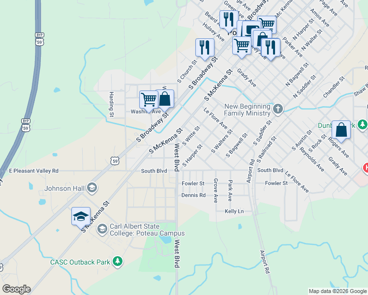 map of restaurants, bars, coffee shops, grocery stores, and more near 202 Morris Avenue in Poteau