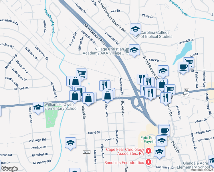 map of restaurants, bars, coffee shops, grocery stores, and more near 821 Astron Lane in Fayetteville