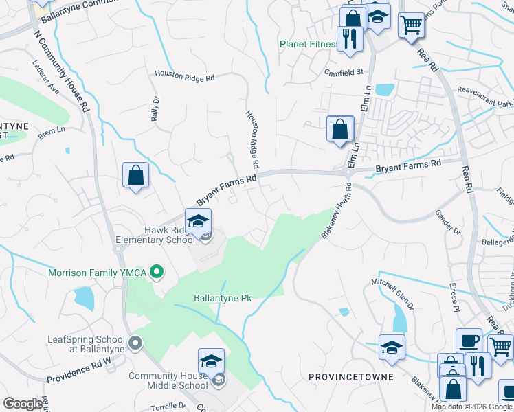 map of restaurants, bars, coffee shops, grocery stores, and more near 8932 Houston Ridge Road in Charlotte