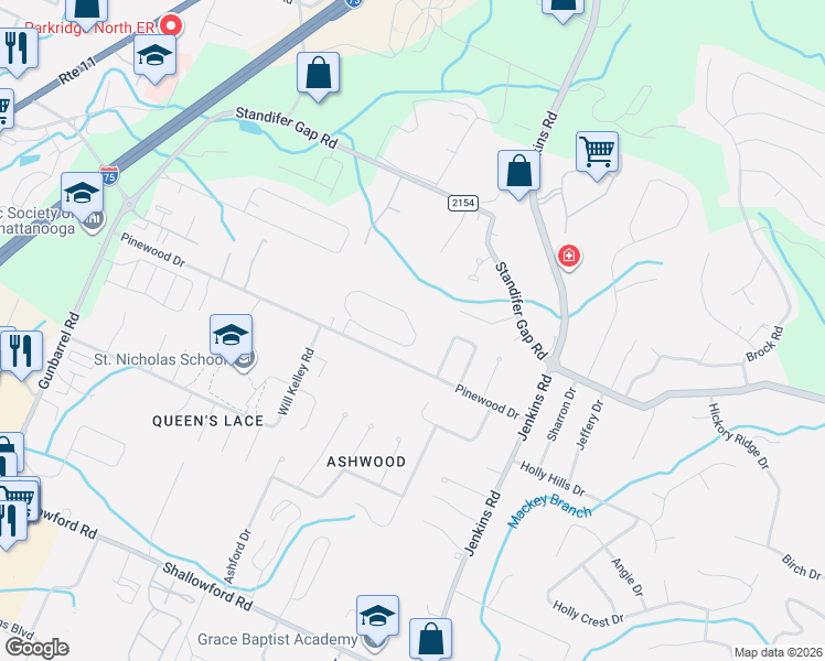 map of restaurants, bars, coffee shops, grocery stores, and more near 7531 Pinewood Drive in Chattanooga