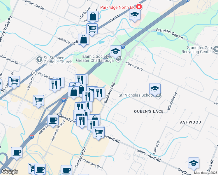 map of restaurants, bars, coffee shops, grocery stores, and more near 2501 Gunbarrel Road in Chattanooga