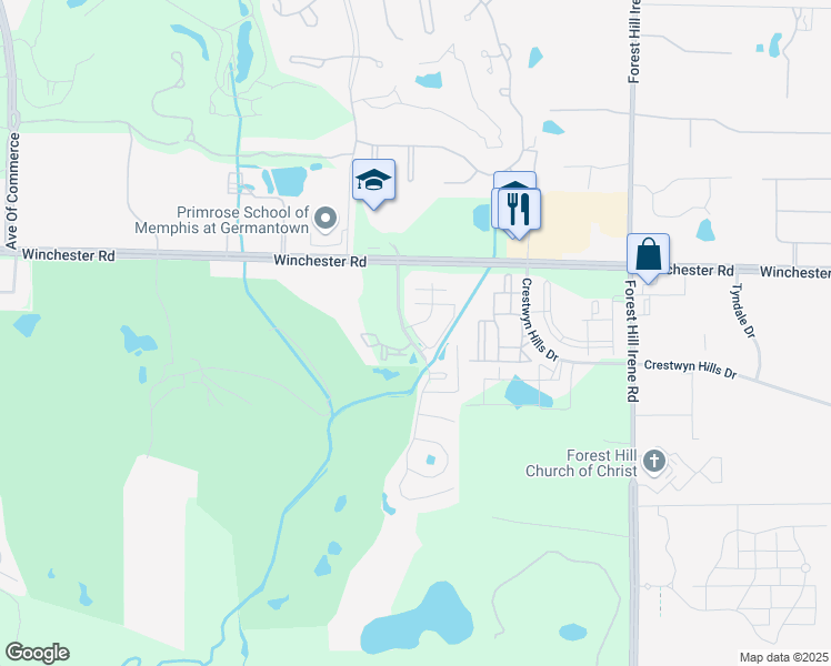 map of restaurants, bars, coffee shops, grocery stores, and more near 8918 Links Drive East in Memphis