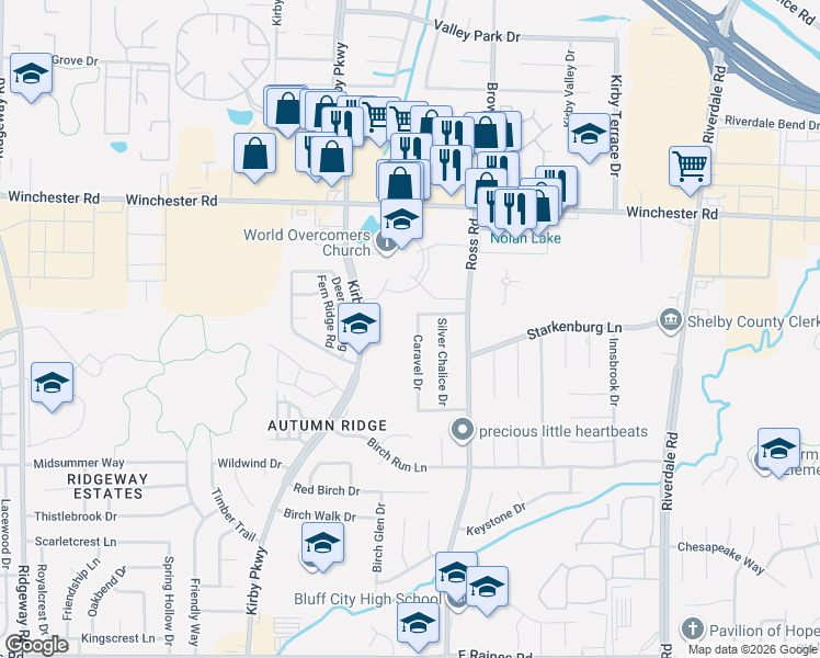 map of restaurants, bars, coffee shops, grocery stores, and more near 6666 Reindeer Avenue in Memphis
