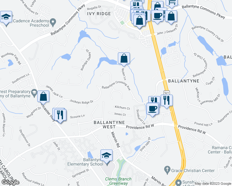 map of restaurants, bars, coffee shops, grocery stores, and more near 14620 Brick Church Court in Charlotte