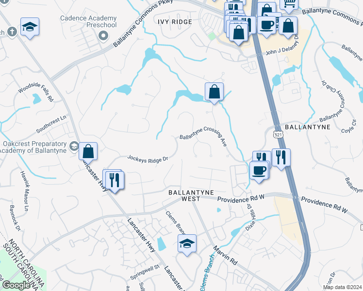 map of restaurants, bars, coffee shops, grocery stores, and more near 14635 Jockeys Ridge Drive in Charlotte